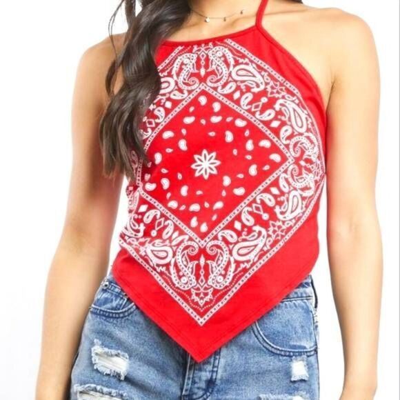 Fashion Magazine Vintage Y2K Red Bandana Tie Halter Crop Top - Picture 1 of 4